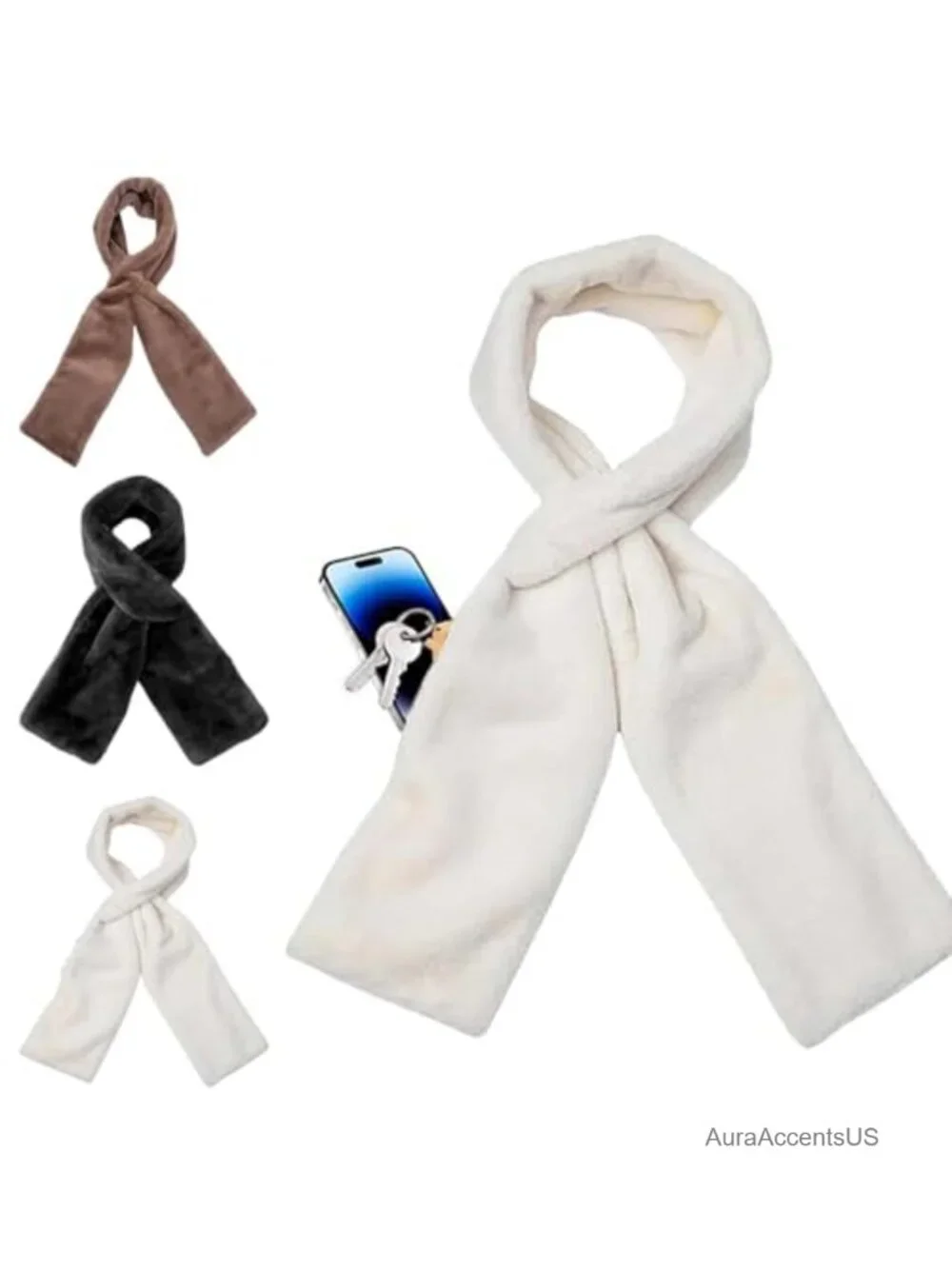 Faux Fur Pull Through Scarf with Hidden Zipper Pocket, Machine Washable